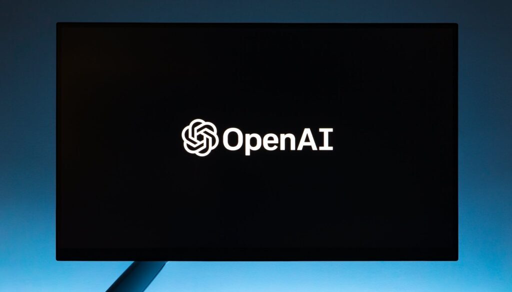 monitor screen with openai logo on black background